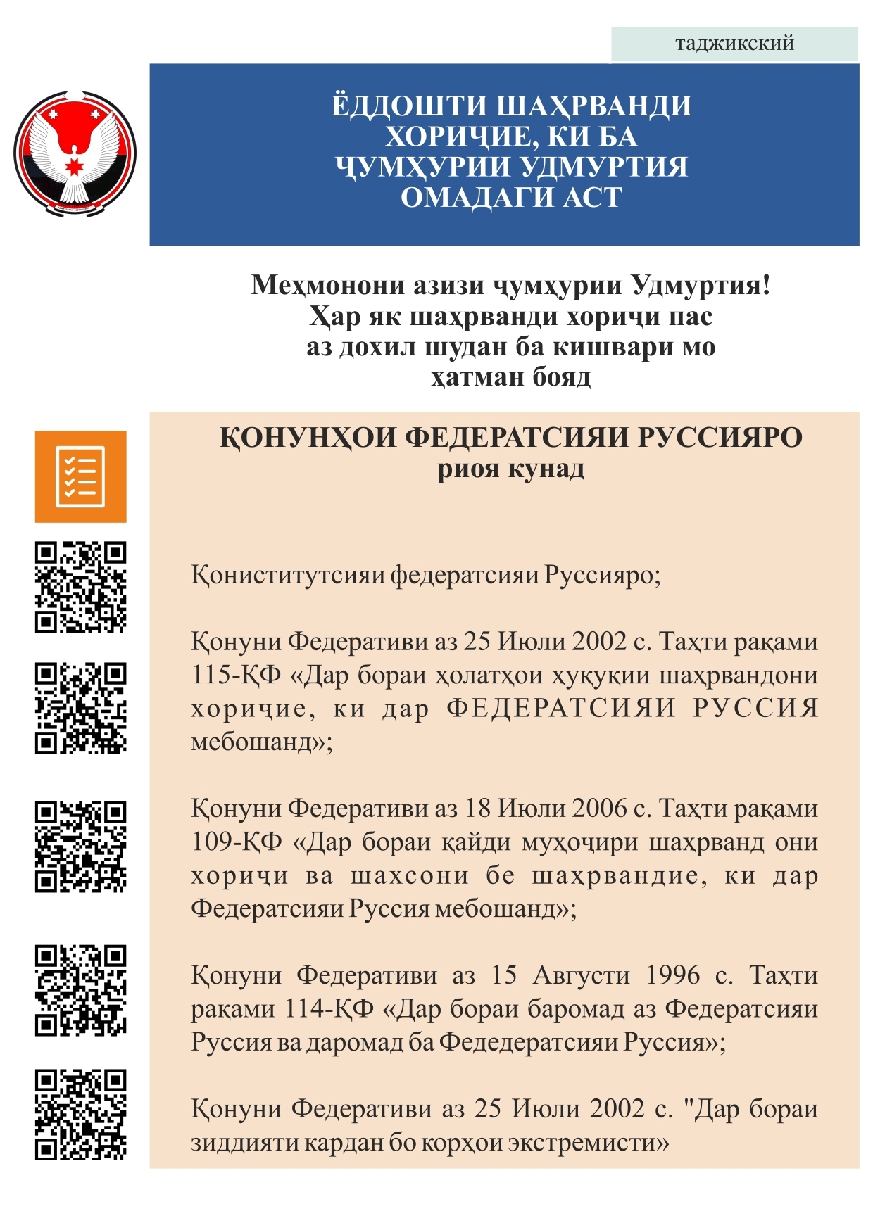 Памятки иностранным гражданам, прибывшим в Удмуртскую Республику -  Министерство национальной политики УР